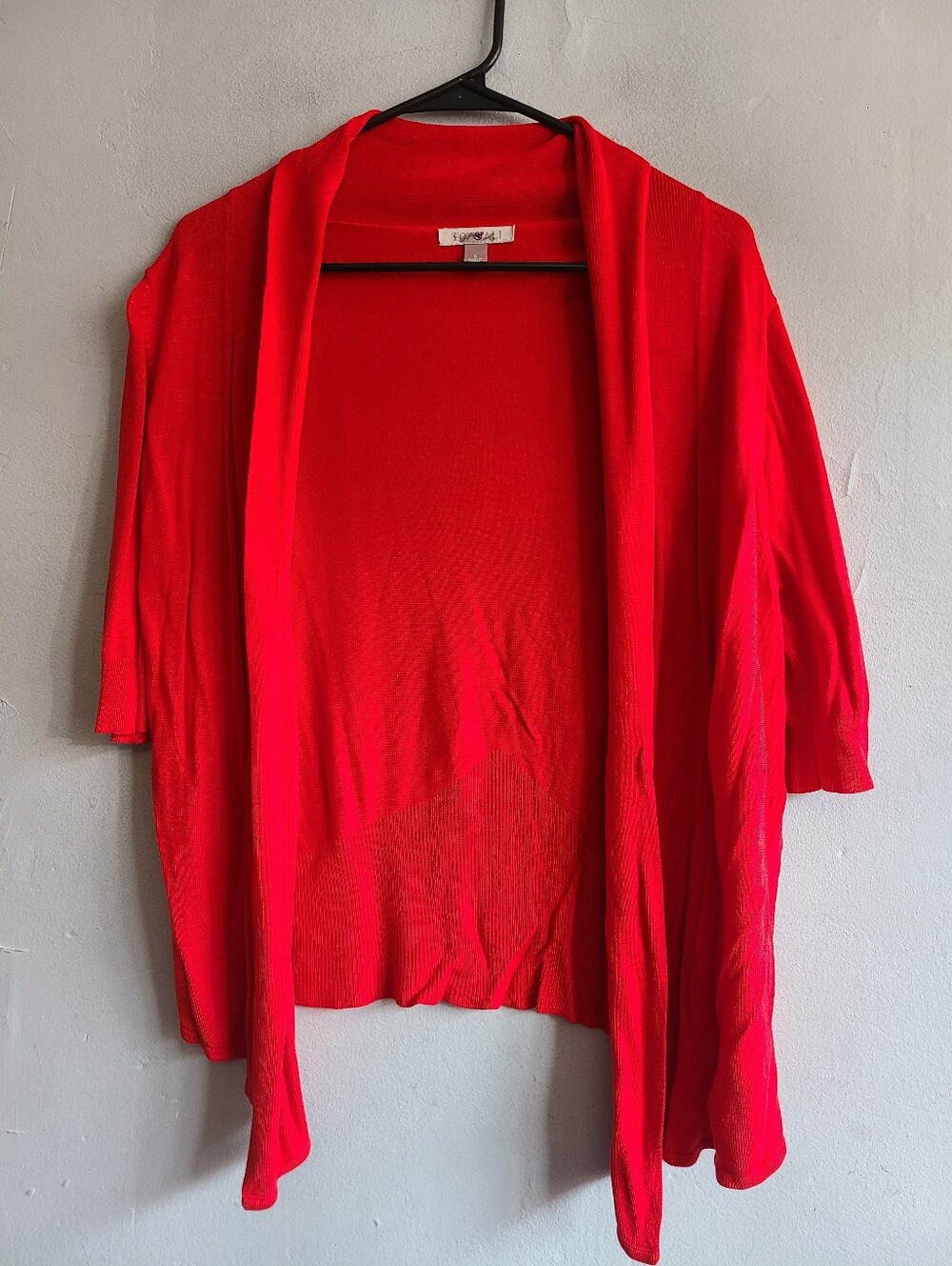 Women's large red open front elbow short sleeve knit cardigan